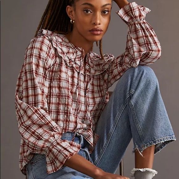Anthropologie Maeve Ruffled Plaid Buttondown Red Mottif NWT M - Picture 9 of 12